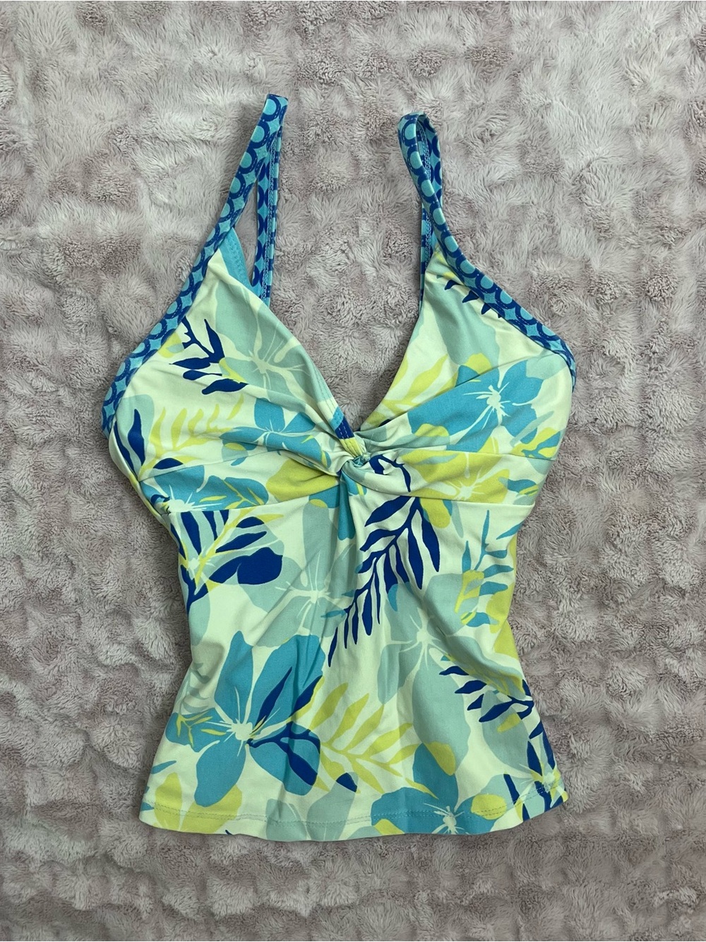 Y2K Women's Floral Twist-Front Tankini Top - Blue & Lime
